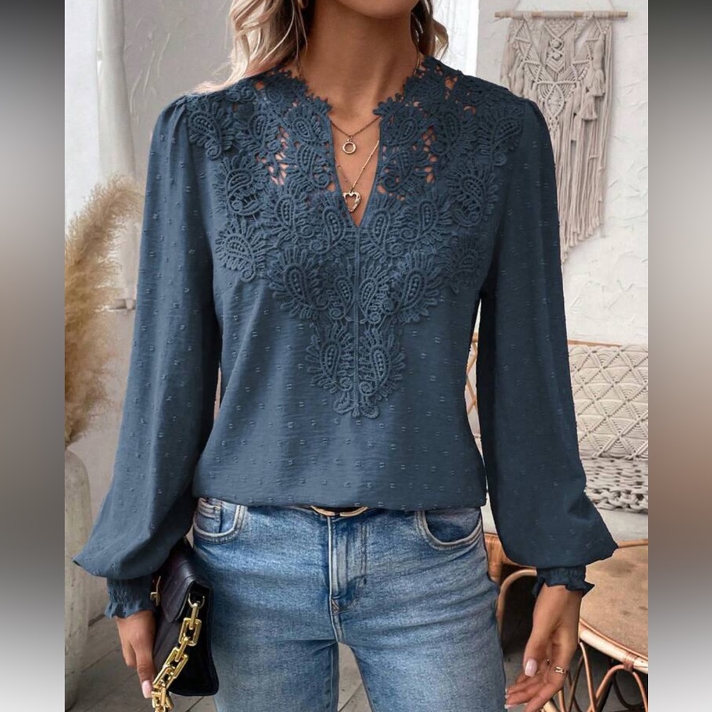 Elegant Dusty Blue  Swiss Dot Lace Blouse